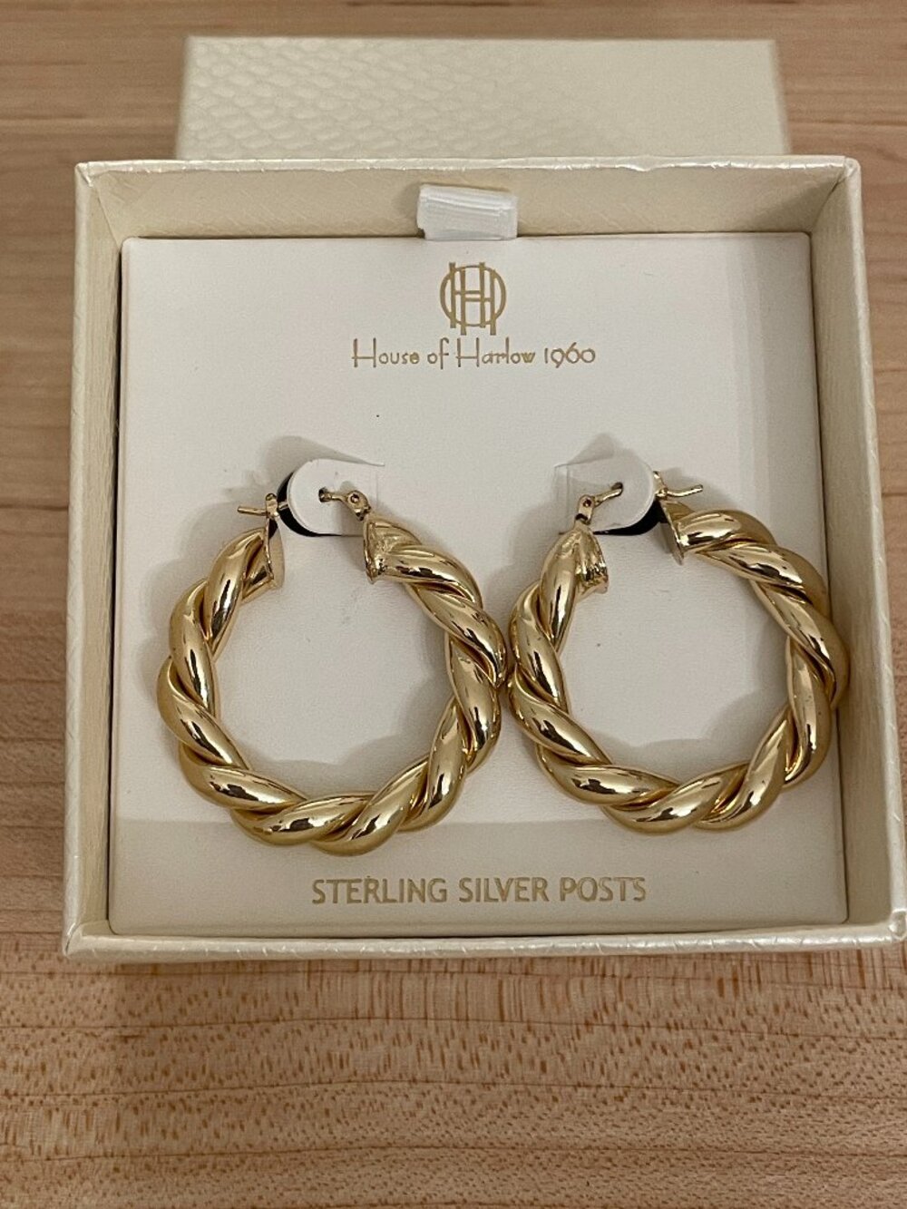 House of Harlow 1960 Twisted Rope Gold Hoop Earrings Sterling Silver Posts